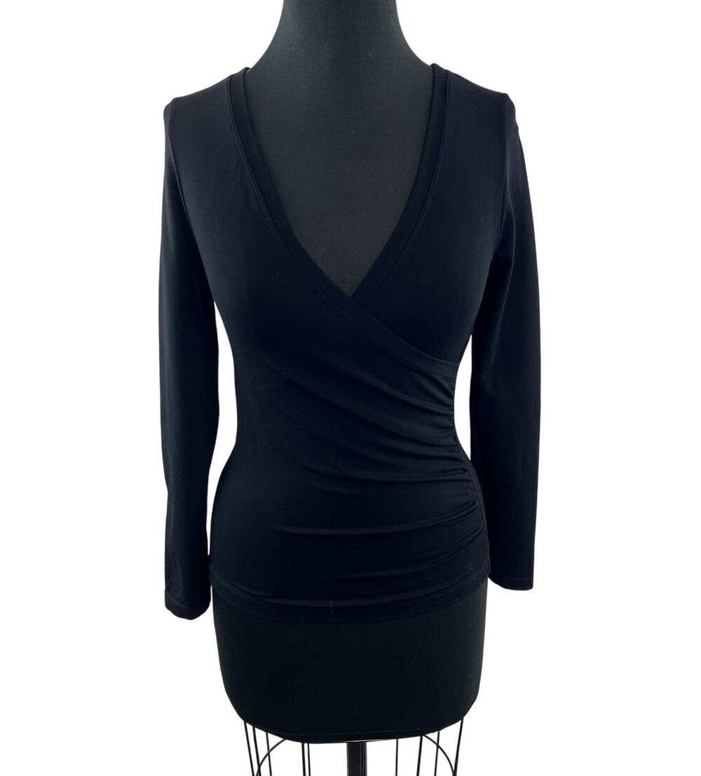 Bordeaux Seamless Black Wrap Blouse Stretch Ruched Deep V-Neck Party/Cocktail